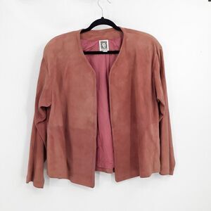 Vtg 80's Leather Suede Open Front Cardigan Boxy Jacket‎ Dusty Mauve Pink Sz L